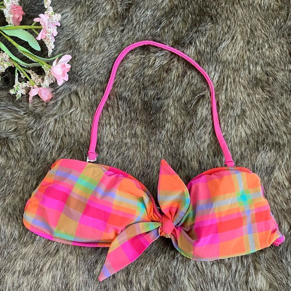 Isaac Mizrahi For Target Pink Colorful Preppy Bow Plaid Bikini‎ Top Barbiecore S